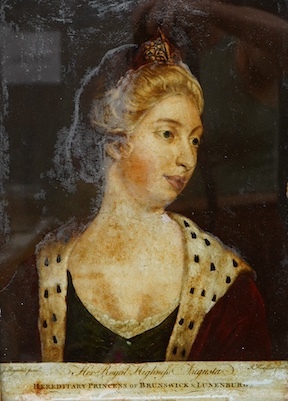 After Sir Joshua Reynolds (1723-1792), 'Her Royal Highness Augusta Hereditary Princess of Brunswick and Lunenburg' sold by John Eynon, London, 18th century reverse glass painted print, 35 x 25cm